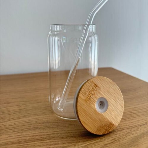 Tasse en Verre 400ml –  Couvercle en Bois & Paille en Verre – Image 2
